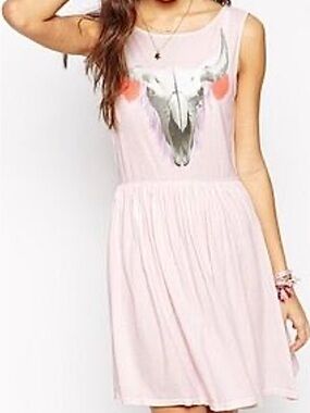 Wildfox Sleeveless Cream Graphic Skater Dress with Skull Print Size L